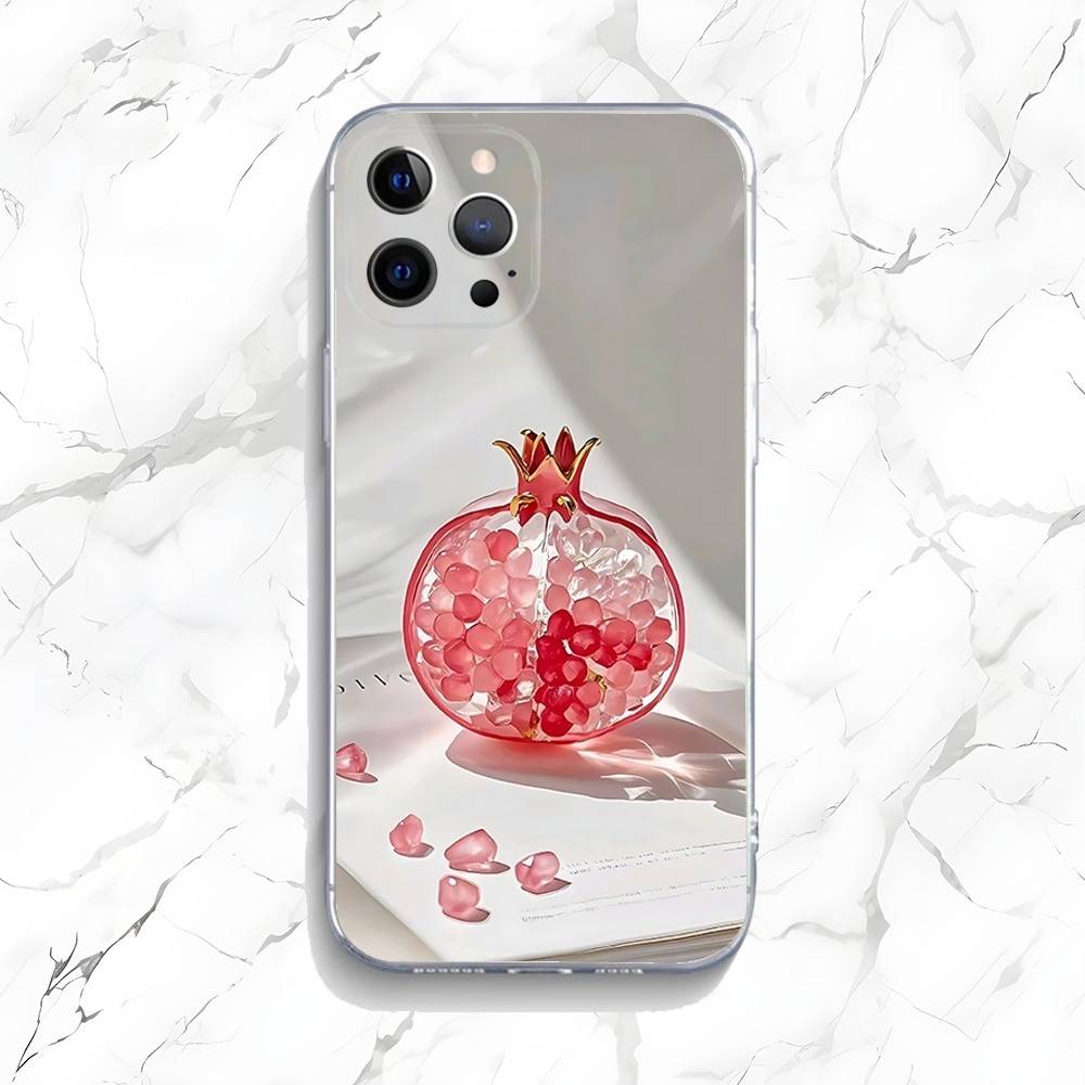 Gold Pink Pomegranate Art Phone Case For iPhone 16,15,14,13,12,11 Pro,Max,Plus,X,XS,XR,SE,Mini Transparent Silicone Soft