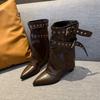 European and American sexy babes high-heeled short boots women's 2025 autumn and winter new belt buckle rivets square head wedge trouser tube boots