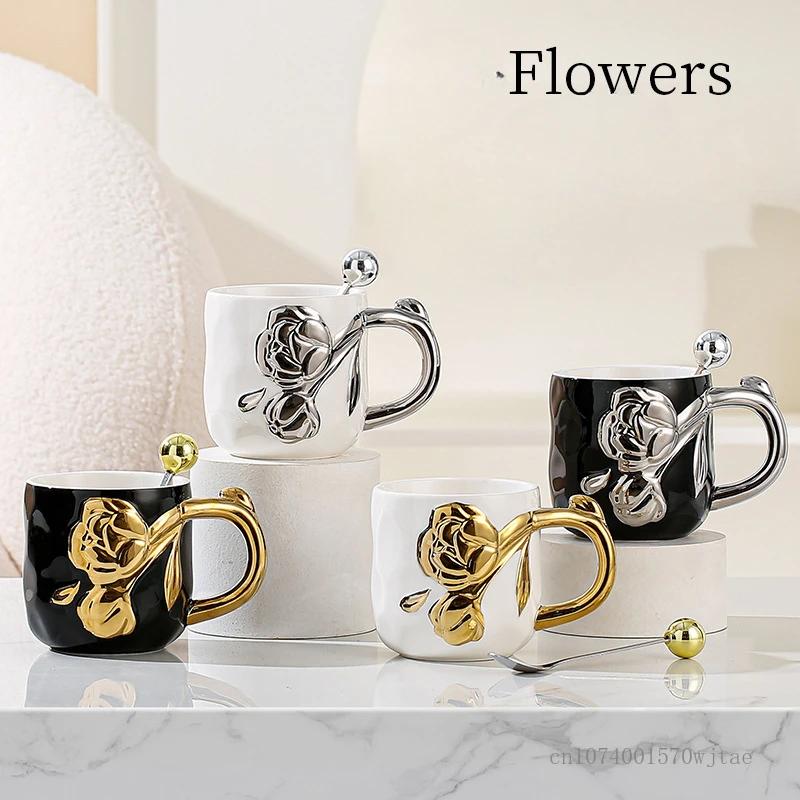 Electroplated Ceramic Mug with Handle Spoon, Creative Light, Luxury Relief Flowers, Home Water Cup, 450ml Capacity, 1Pc