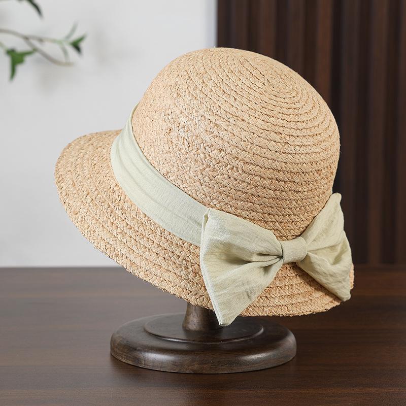 Women Raffia Straw Hat with Bow Tie Beach Holiday Sun Fedora Hat Retro Foldable Wide Brim Panama Jazz Hat