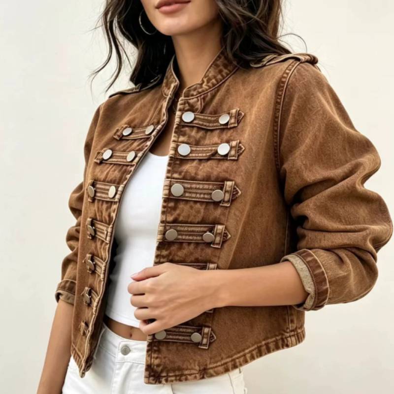 Giacca di Jeans da Donna con Collo Alto e Maniche Lunghe Moda Estiva Casual