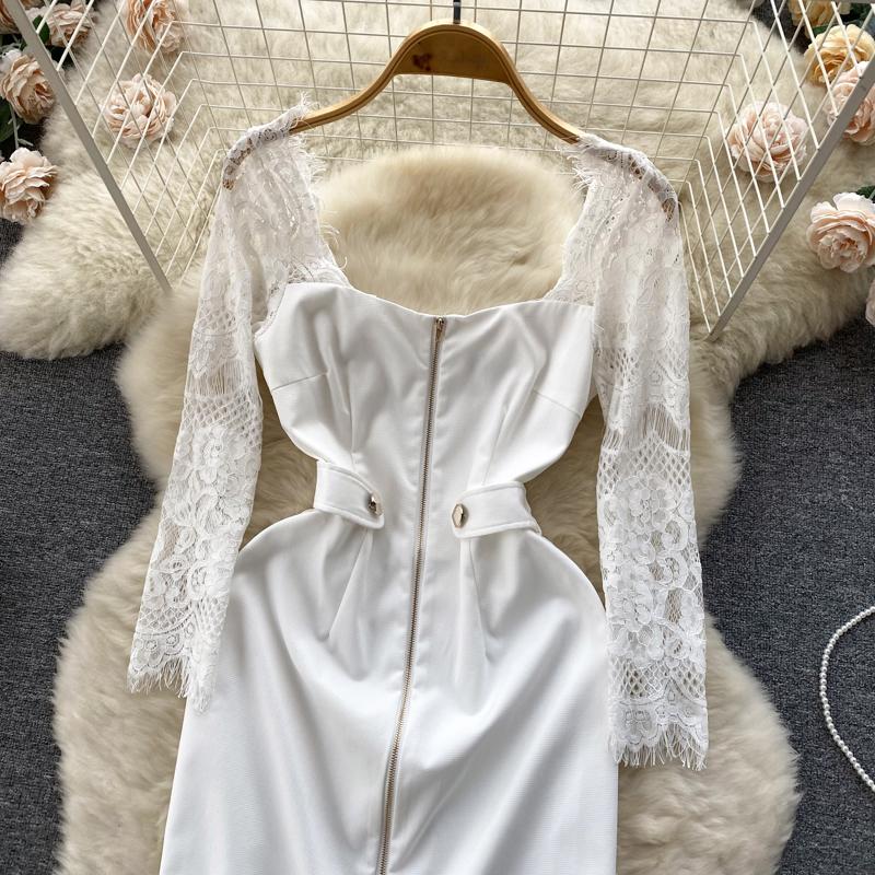 Women Lace Patchwork Slim Bodycon Pencil Dress Fashion Square Collar Zipper  Ladies Office Work Dresses  buy the best products in the Ayzeze online  store