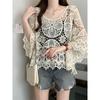 Korean Style Plus size women clothing Chubby Girl Spring/Summer Crochet Hollow Bell Sleeve Knit Casual Shirts Sun Protection Clothing M-4XL
