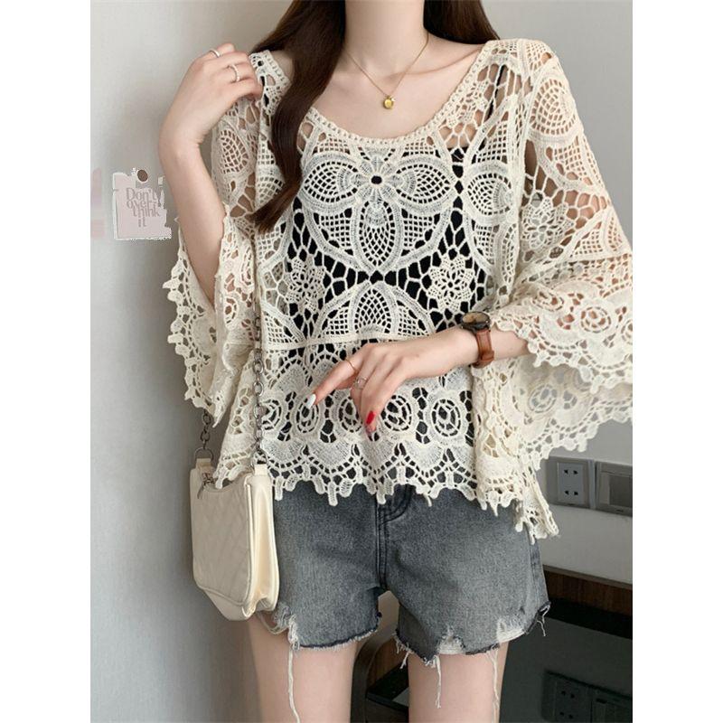 Korean Style Plus size women clothing Chubby Girl Spring/Summer Crochet Hollow Bell Sleeve Knit Casual Shirts Sun Protection Clothing M-4XL