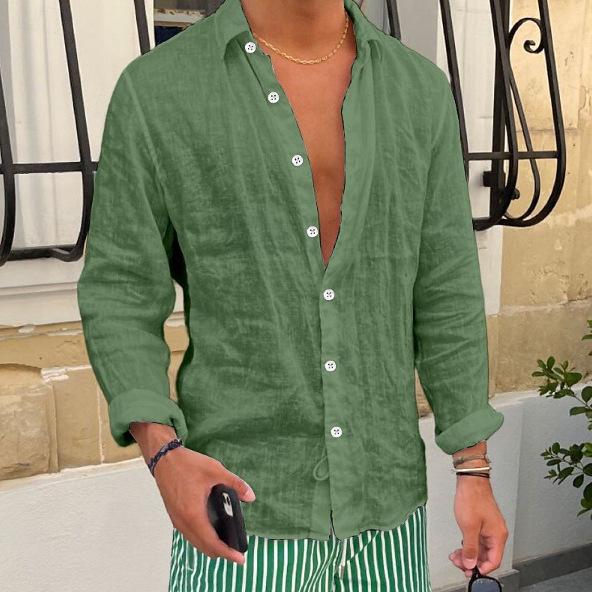 Men's Long Sleeve Linen Beach Shirt - Solid Color, Casual, Turn-Down Collar, Spring/Summer Wear