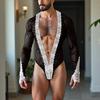 Men Long Sleeve Lace Patchwork Mesh See Through Party Bodysuits Jumpsuits Home Wear
