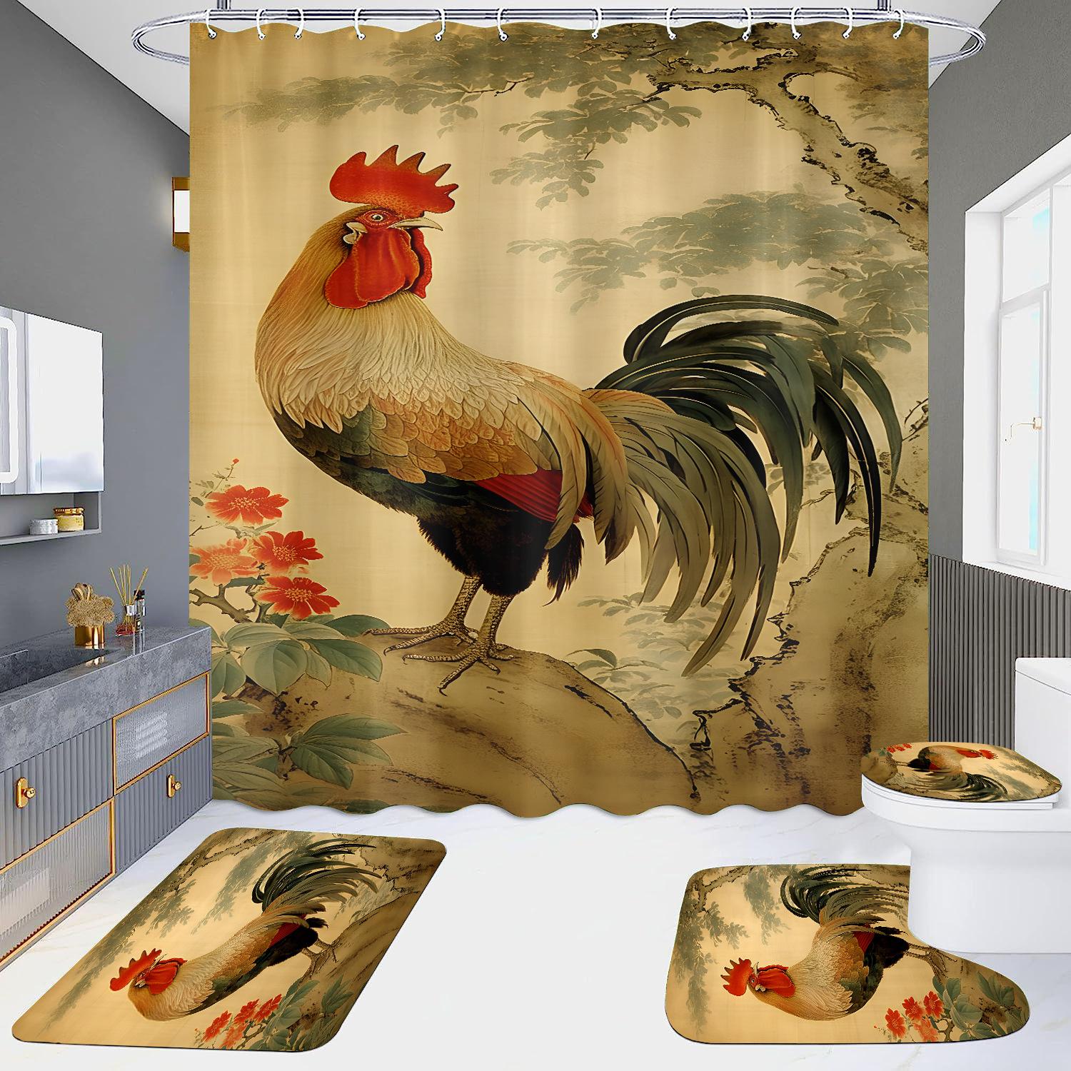 

4 шт. наборы занавесок для душа серии Rooster для ванной комнаты, нескользящие коврики для ванной комнаты, крышка для унитаза, коврик для ванной 4Pcs set