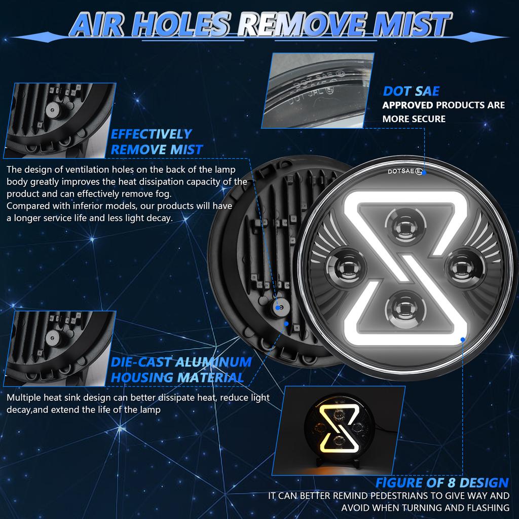 7 Inch LED Headlight Motorcycle Off Road Vehicle 8 Shape Angel Eye High Low Beam DRL Turn Signal Lamp