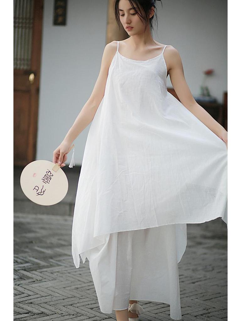 Jarní a letní zenová bavlněná dvouvrstvá asymetrická sukně na ramínka