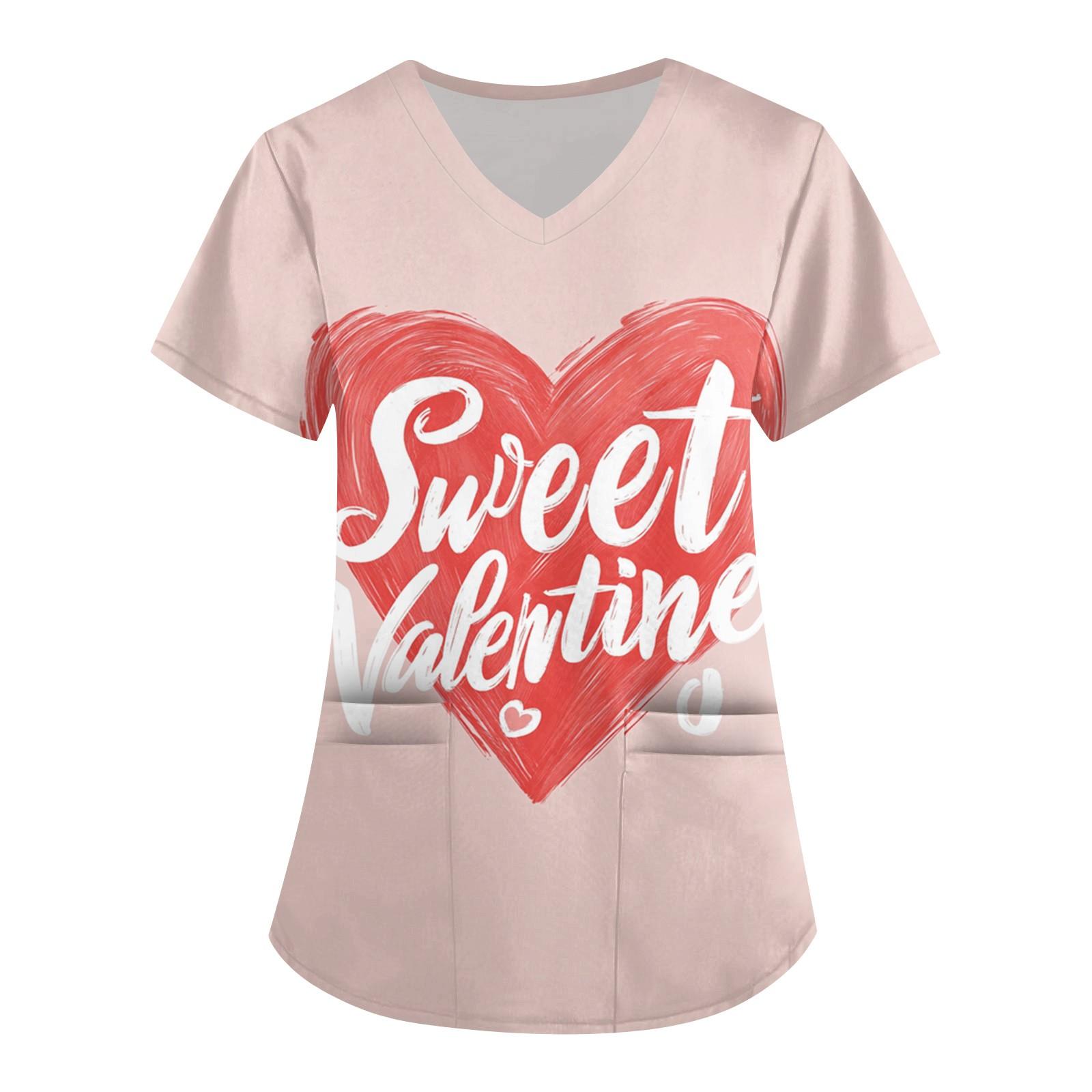 

Женская модная рабочая одежда с V-образным вырезом, короткими рукавами и карманами, с принтом ко Дню святого Валентина XL арбуз красный