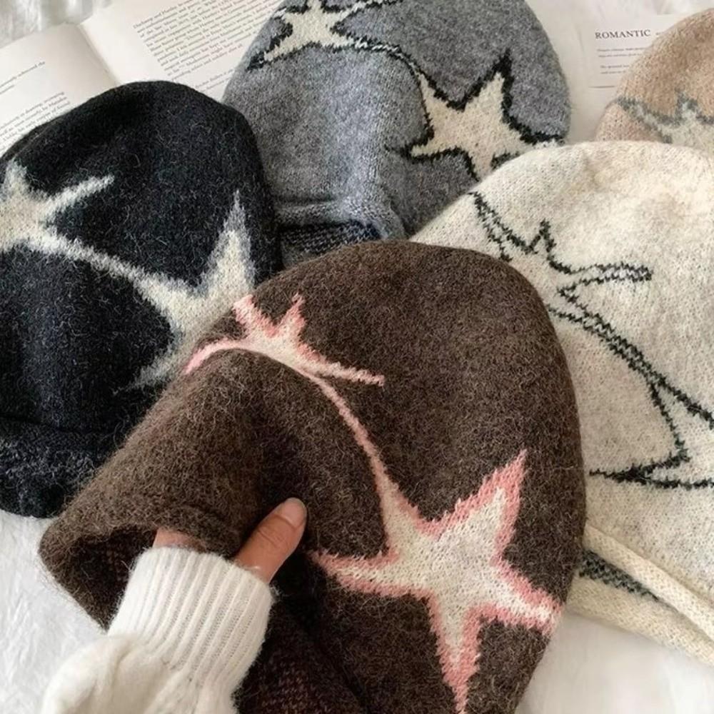 Y2K Stil Sternenmuster Mütze Rand gewellt Elastisch Gestrickte Mütze Ohrenschutz Weicher Randloser Slouchy Hut