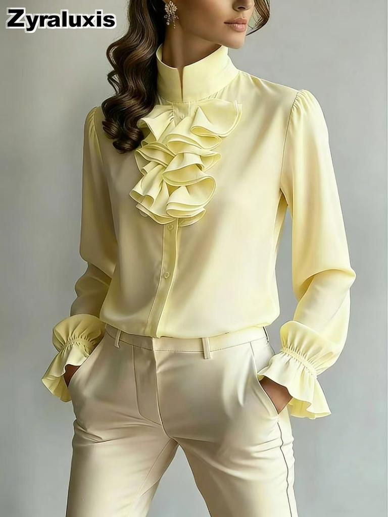New Style Chic Casual Loose Collar Solid Color Ruffled Shirt for Women