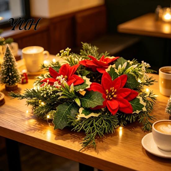 Seasonal Home Table Accent Christmas Candlestick Wreath, Red Poinsettia Pine Needle Candle Ring Decorative Base Wreath with Berries, Tabletop