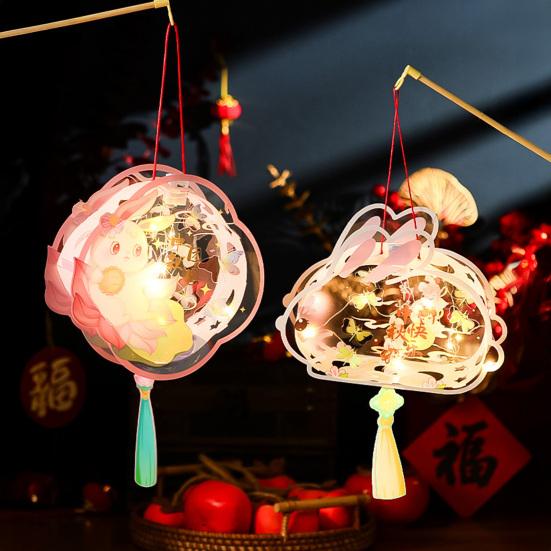 Chinese DIY Rabbit Lantern Kit Mid-Autumn Festival Handheld Glowing Lantern Retro Rabbit Lamp for Spring Festival New Year Party Decor