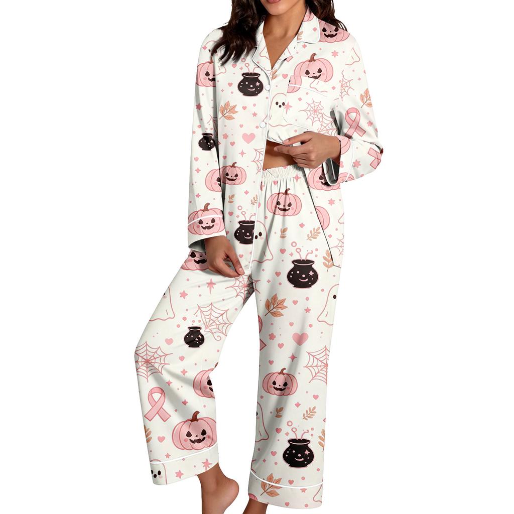 Set Pigiama da Donna a Manica Lunga con Stampa di Halloween e Pantaloni per la Notte