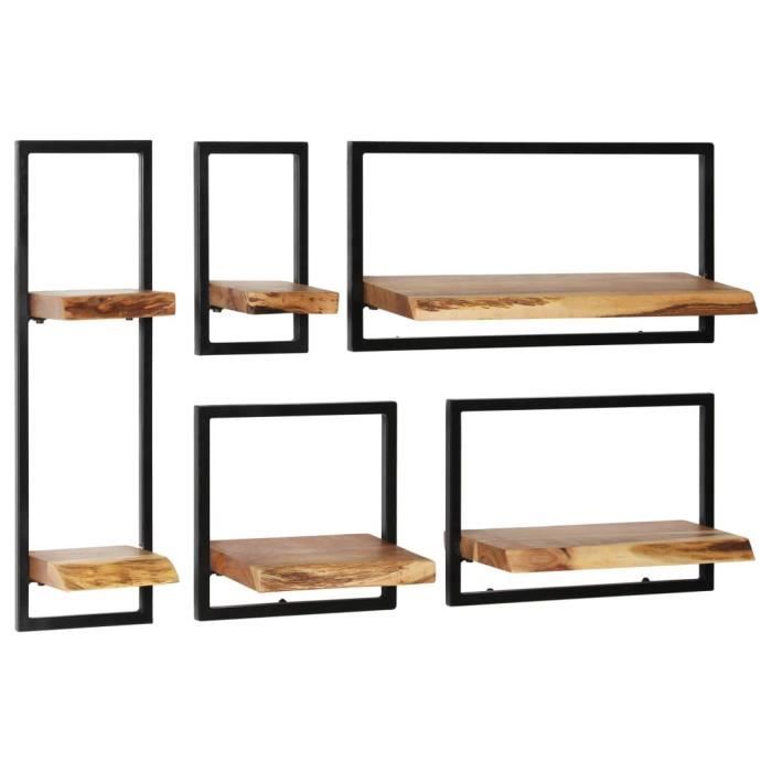 Ensemble d'étagères murales en bois d'acacia massif et acier - vidaXL - 5 pcs - Brun - Salon