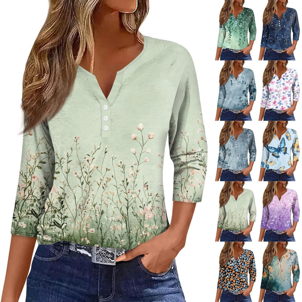 Women's Neck Vintage Floral Print Ribbed Short Sleeve T-Shirt Top