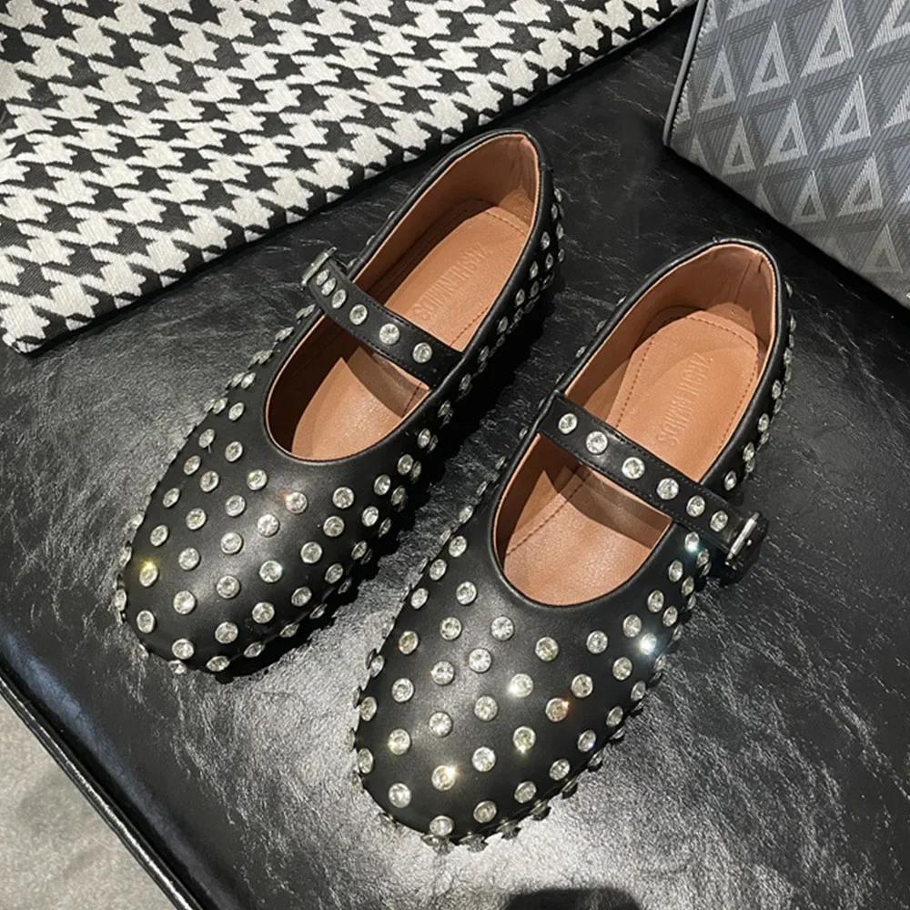 

Мода 2024 года, фирменный дизайн, натуральная кожа, женские повседневные балетки, черные кристаллы, туфли Мэри Джейн для женщин, высокое качество, большой размер 43 CN38 чёрный