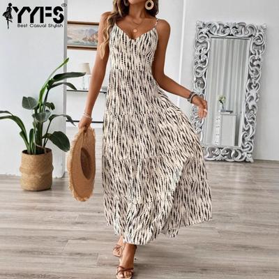 Women's Fashion Summer Spring Stripe Print Sleeveless V-Neck High Waist Casual Dresses