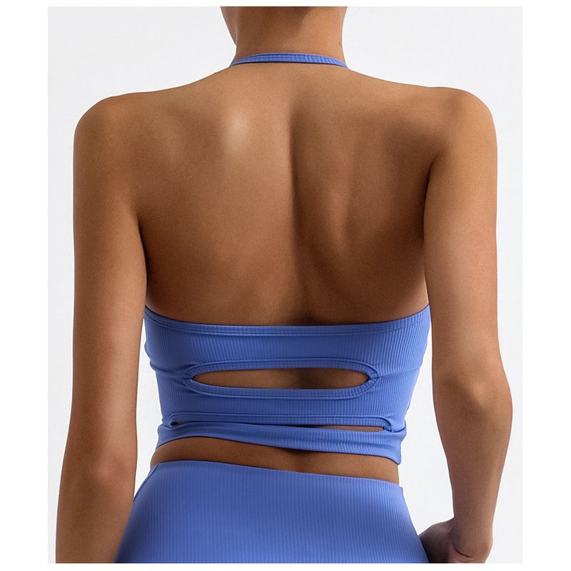 

Export Cross-Border Yoga Bra Thread Halter Backless Cut Out Sunken Stripe with Chest Pad Sports Intimates Exercise Strap Women Blue L