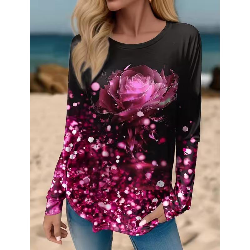 Damen T-Shirt Tee Grafik Rosenprint Langarm Alltags-Sweatshirt Wochenendmode Rundhalsausschnitt Normale Passform Malerei Frühling & Herbst