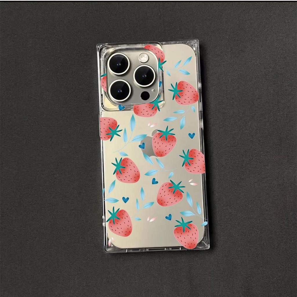 Clear Square Back Tube Case Protection For iPhone 16 ProMax 13 14 Pro Max 15 Plus 11 12 Anti-Oxygen,Multiple Strawberries Pattern Casing