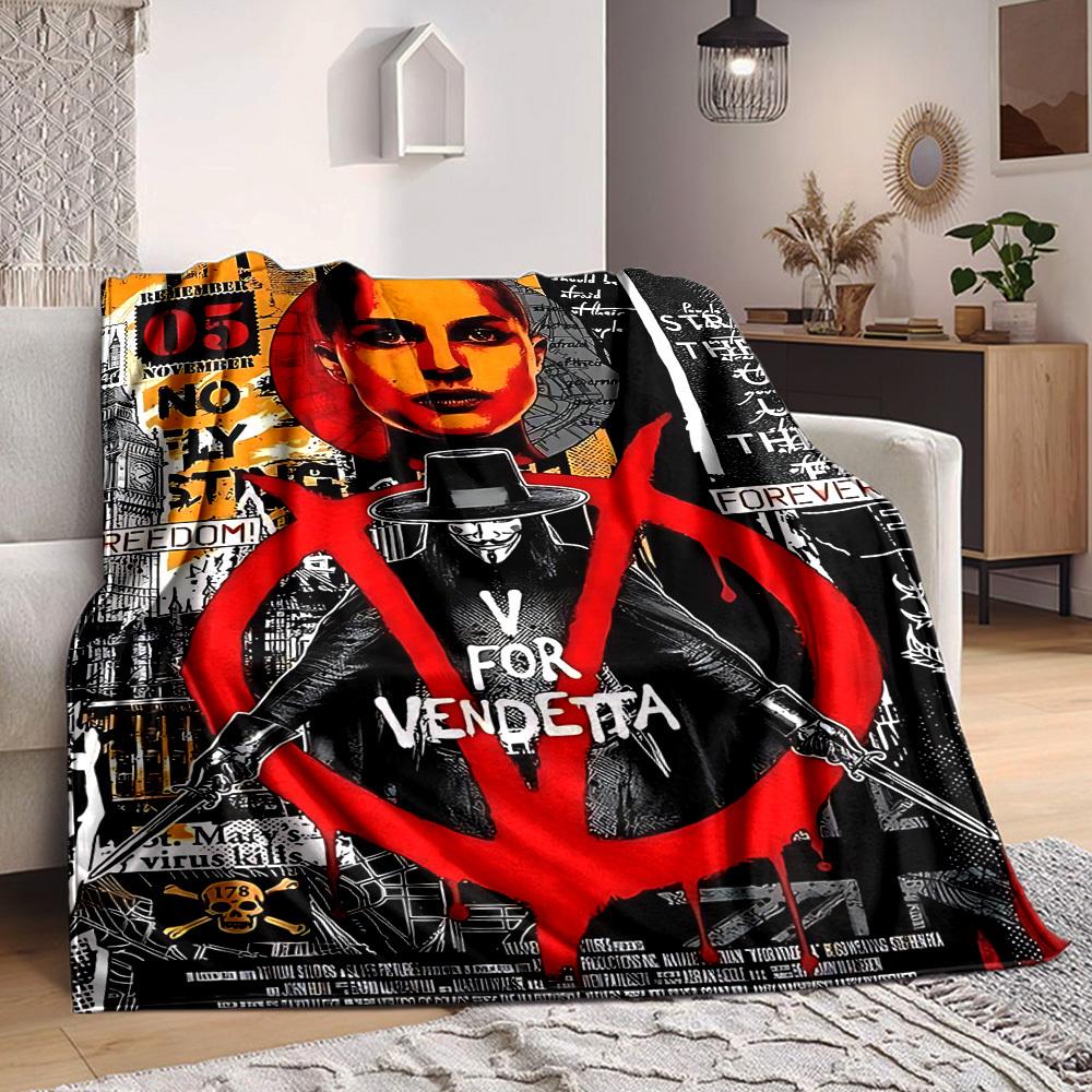 1pc V for Vendetta Flannel Throw Blanket - HD Printed Lightweight Soft Warm All-Season Blanket for Sofa, Bed, Travel, Camping 096