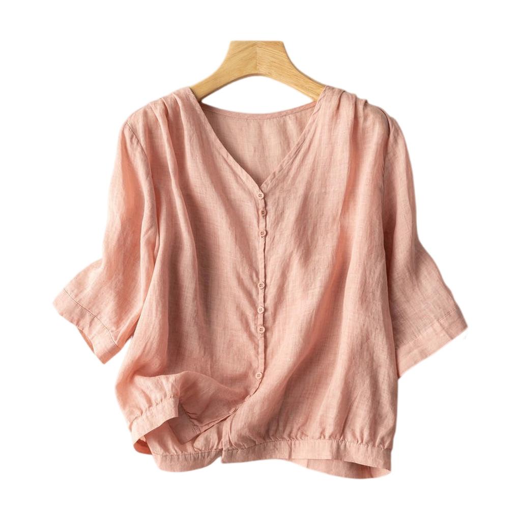 Damen Oberteil im Vintage-Stil, lockere Passform, Baumwoll-Leinen-Mischung, V-Ausschnitt, ärmellang