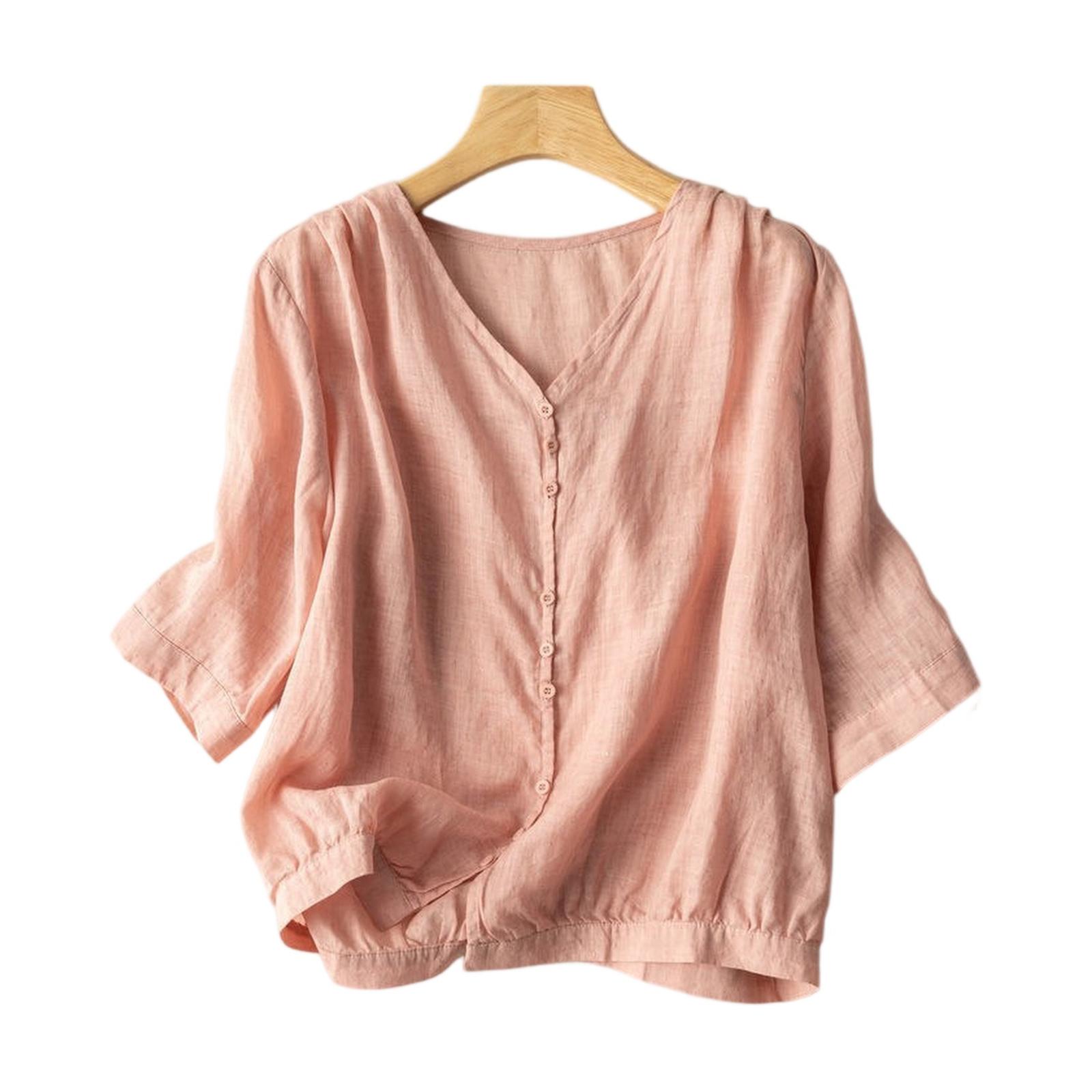 Women s Vintage Inspired Relaxed Fit Cotton Linen Blend V Neck Top With Mid Length Sleeves L розовый