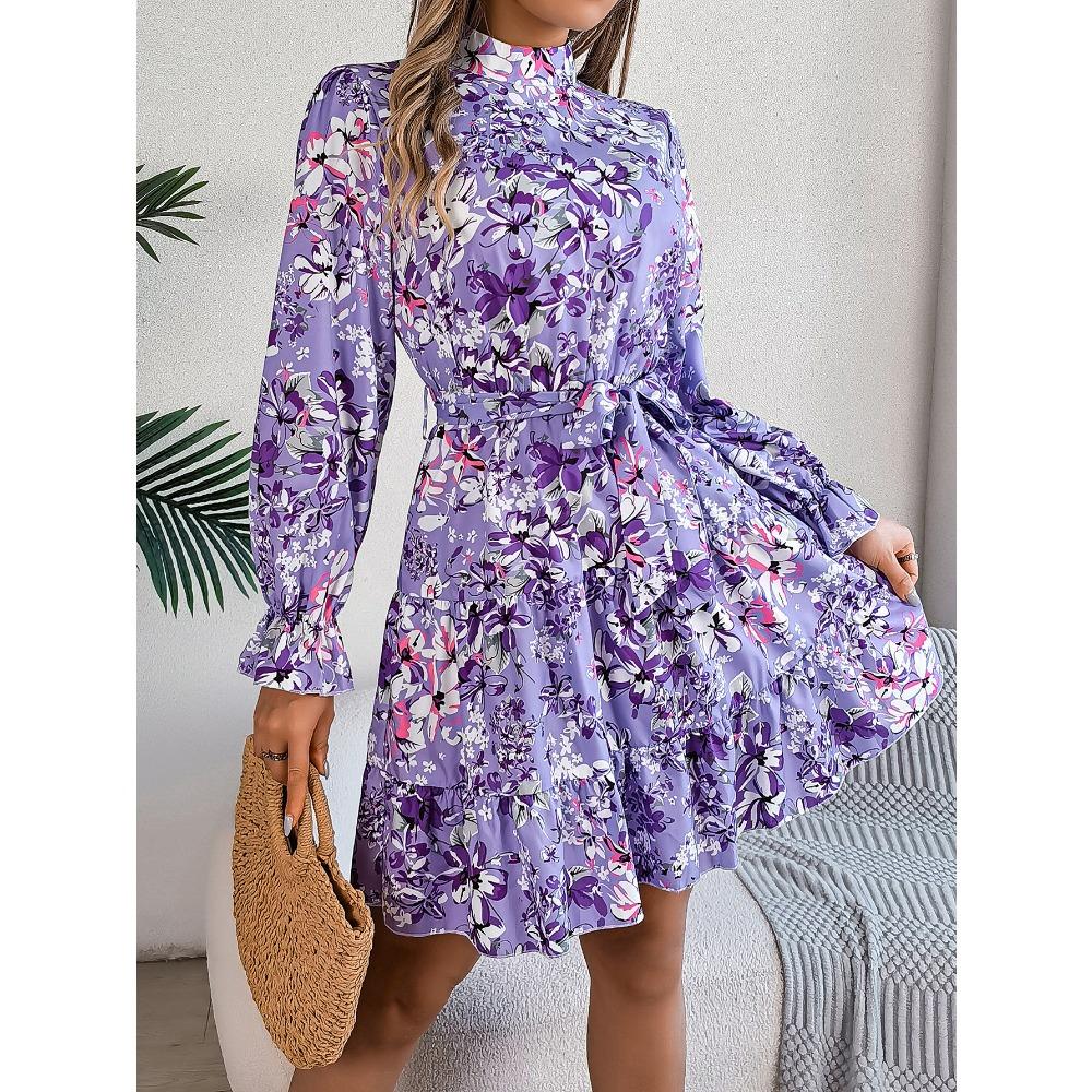 Robe Florale pour Femme Élégante Col Montant Floral Taille Marquée Manches Longues Volants Jupe A-Ligne