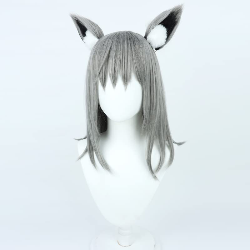 Cosplay Wig with Net, Shiroko Sand Wolf Style, Gray, with Ears, Heat Resistant, Costume Accessory