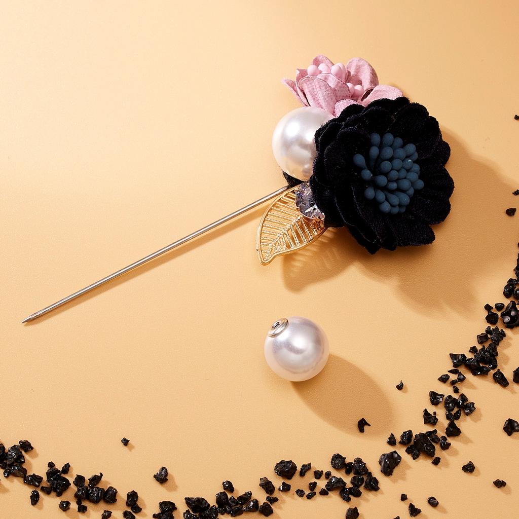 Cloth Art Fabric Double Blooming Flower Brooch For Women Men Dainty Imitation Pearl Leaf Floral Long Needle Pins Wedding Jewelry