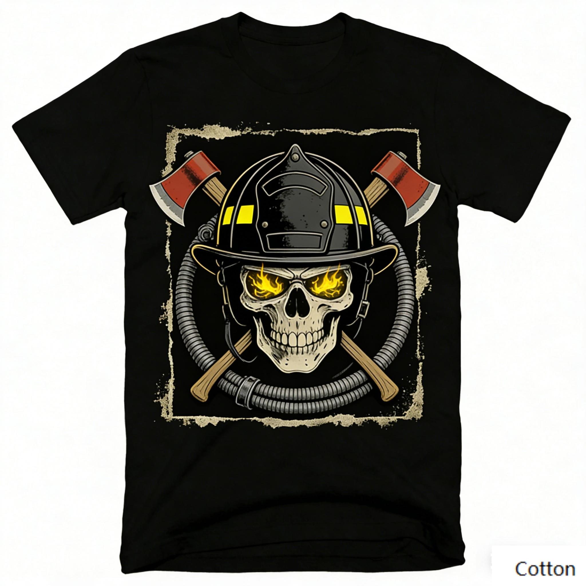 Edgy Firefighter Gothic Style Black Cotton T-Shirt, Bold Flame Eye Skeleton Print, Casual Oversized Unisex Short Sleeve Tee S разноцветный