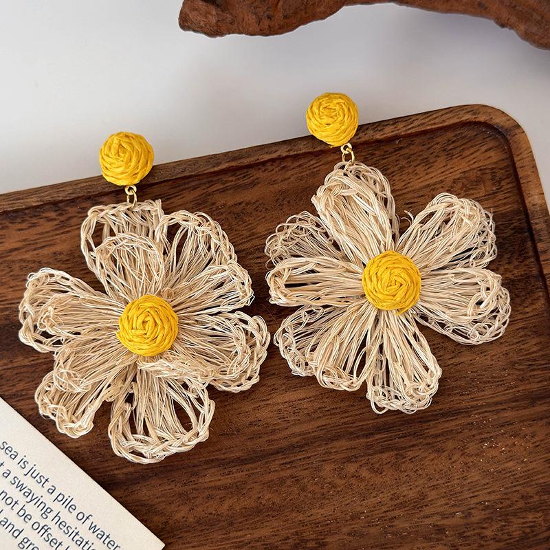 

Серьги-цветы ручной работы из рафии для женщин, летние фотосерьги для пляжного тура жёлтый
