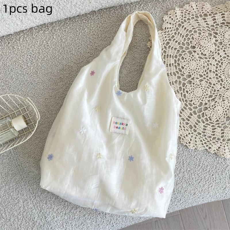 

Embroidered Tote Bag Chiffon Solid Color Floral Shoulder Bag Large Capacity Korean Style Canvas Underarm Bag Commuting 1 бежевый