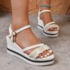 Fashion 2025 Fashion Pearl Flock Wedges Sandals for Women Crystal Ankle Buckle Party Shoes Woman Thick Sole Chunky Platform Shoes Mujer
