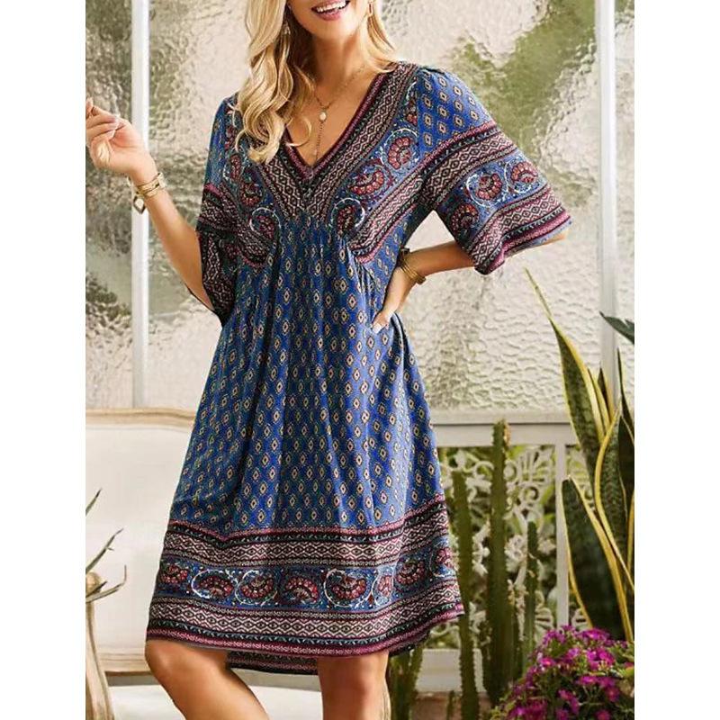 Women‘s V Neck Half Sleeve A-Line Maxi Dress Loose Fit Printed Bohemian Gown