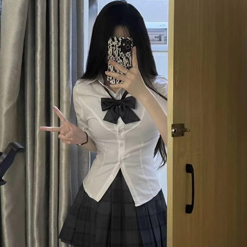 White Women's Waist Cinched Short Sleeved Shirt Unique Lace Up Design Slim Fit Blouse American College Style Ladies Tops