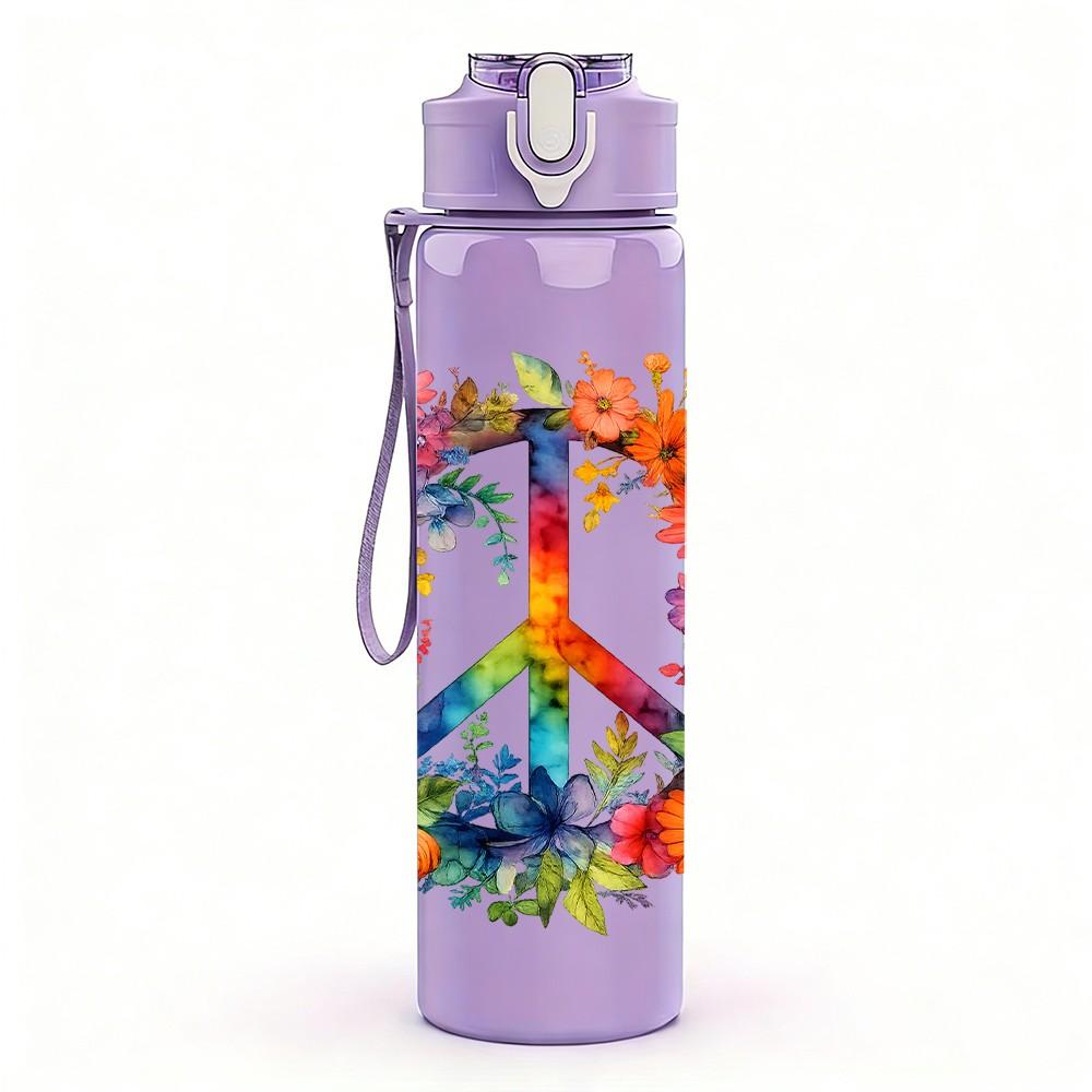 1PC Floral Peace Wreath 750ml Color Plastic Sports Water Bottle Leakproof Flip Straw Lid Suitable for Sports Office Home Use