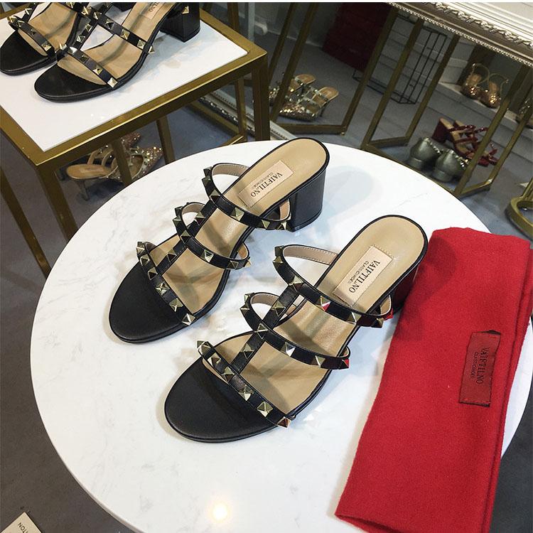 Women's Sandals Summer Woman Heeled Slipper Sandals Leather Brand Rivets High Heels Gladiator Ladies Shoes