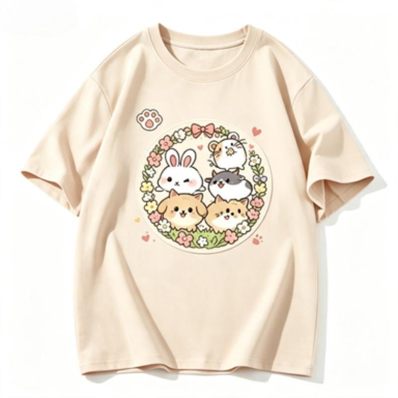 Kawaii Floral Pets Graphic Tshirt Unisex Rabbit Cat Hamster Wreath Print Oneck Short Sleeve Loose Casual Summer Tops