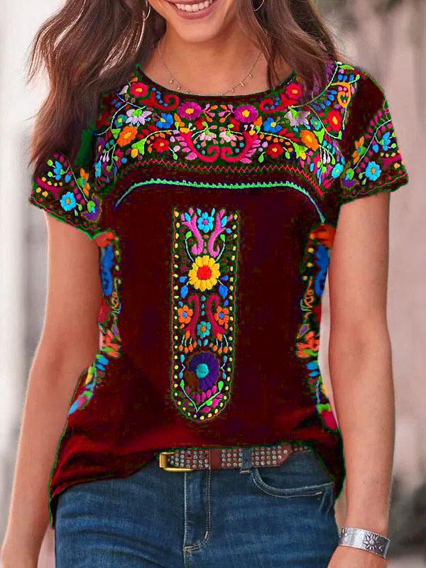 2022 Bohemian Print Women's Round Neck Short Sleeve T-shirt