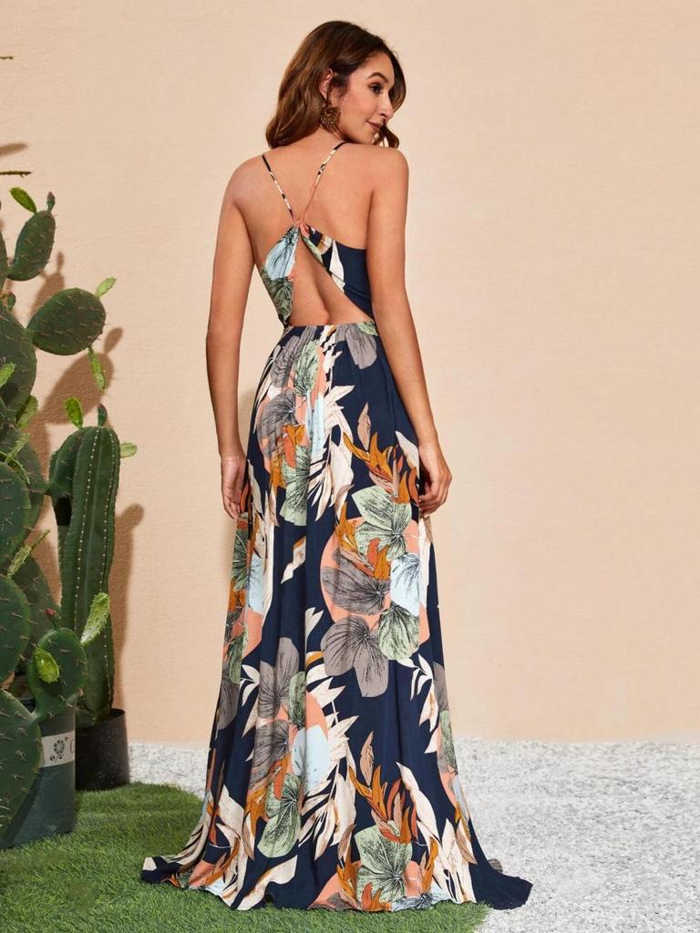 Tropical Print High Slit Strap Dress - European & American Style