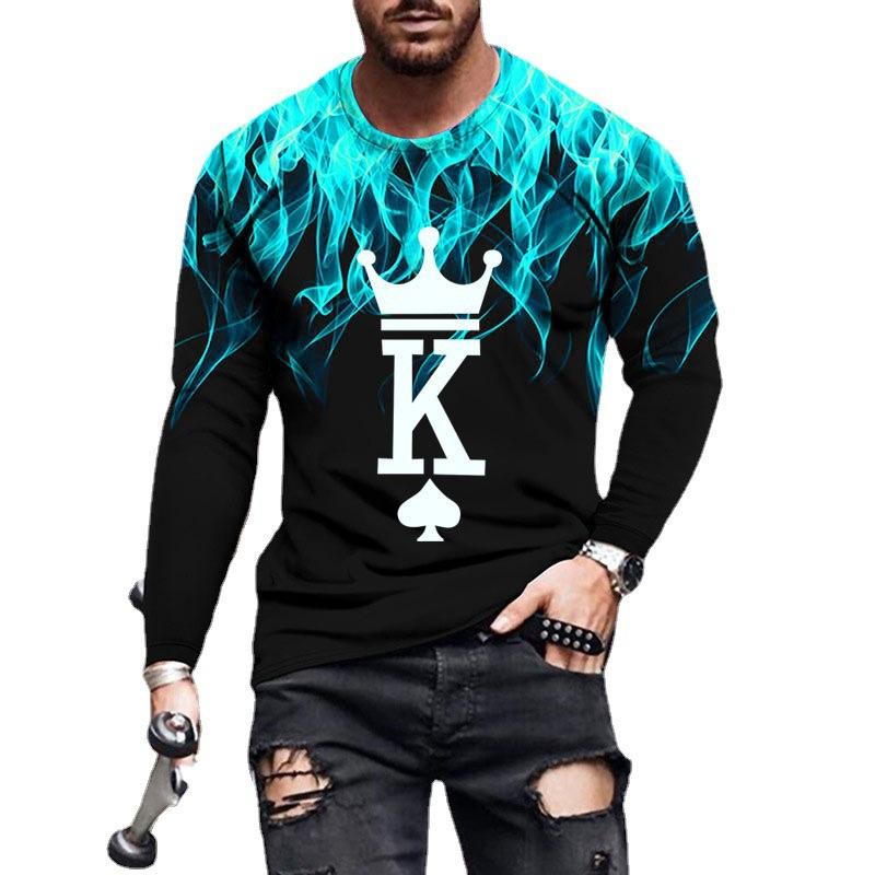 Spring and Autumn Round Neck "King K" Flame Pattern 3D Printed Top Fashionable Casual Long Sleeved Men's T-shirts