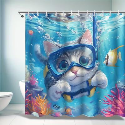 Cute Diving Cat Shower Curtain - Anti-Mold, Waterproof Bathroom Decor, Unique Gift, Stylish Design, Adorable