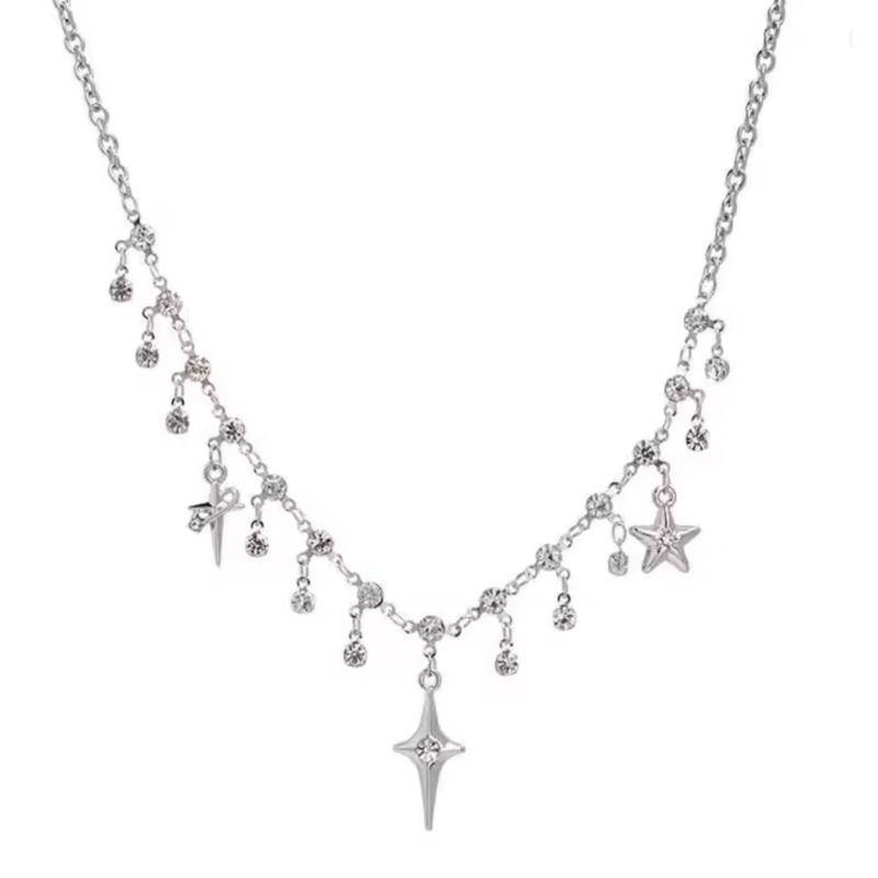 Elegant Four Pointed Star Necklace Sparkling Zirconia Pendant Zinc Alloy for Women Daily Wear or Special Occasion 1