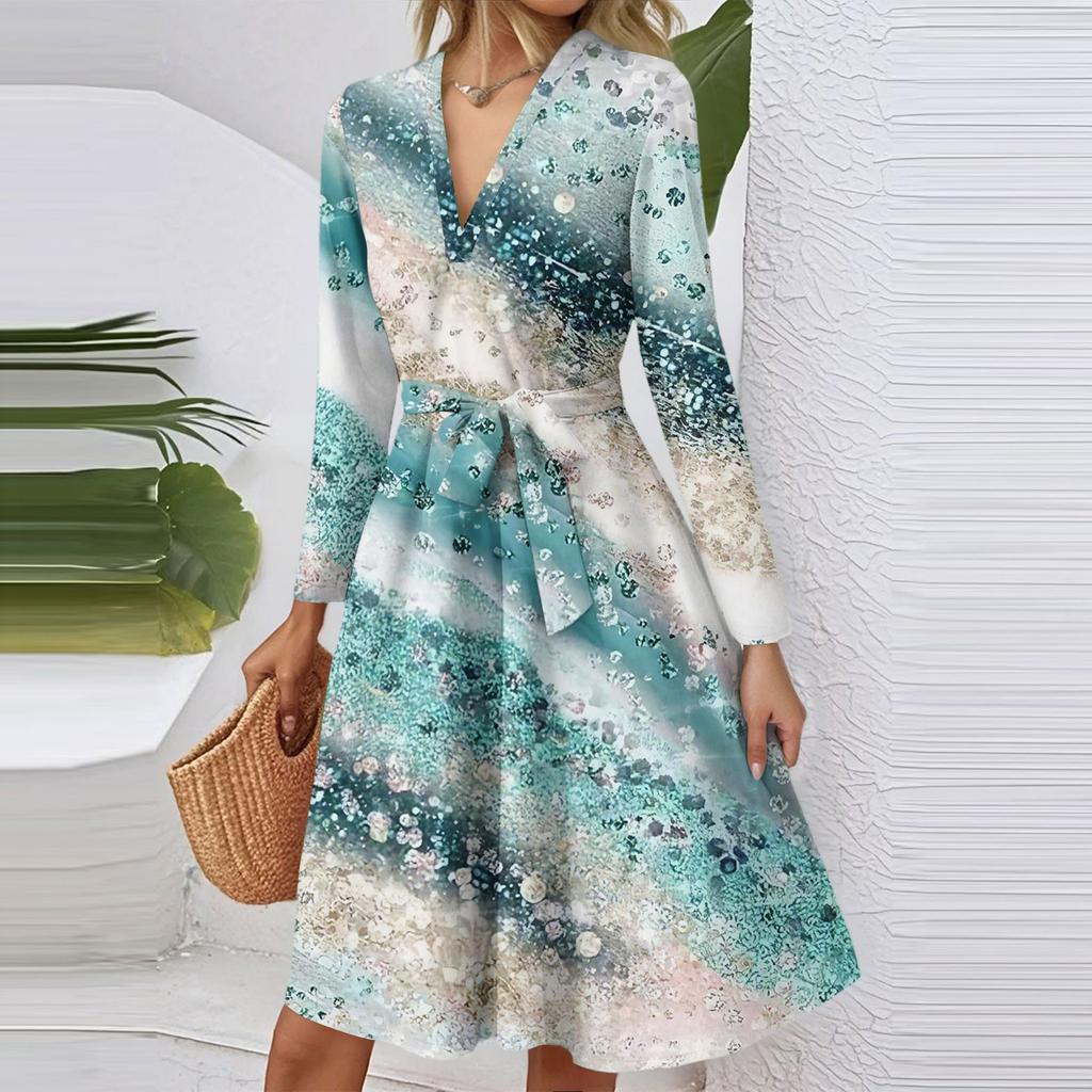 Women's Fashion Casual V-Neck Long Sleeve Waist Floral Print Midi Dress