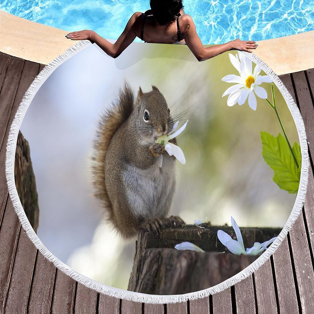 Cute Squirrel Round Beach Towel with Tassels Microfiber Beach Blanket Absorbent Sandproof Circle Bath Towel Meditation Yoga Mat