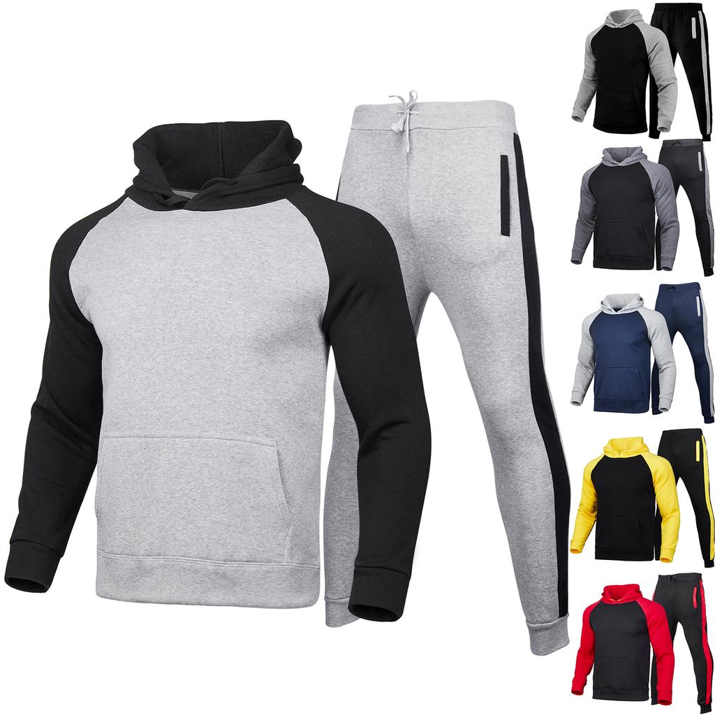 Men's Casual Hooded Two-tone Sweatshirt, Men's Fleece Warm Sports Sweatshirt And Pants Set