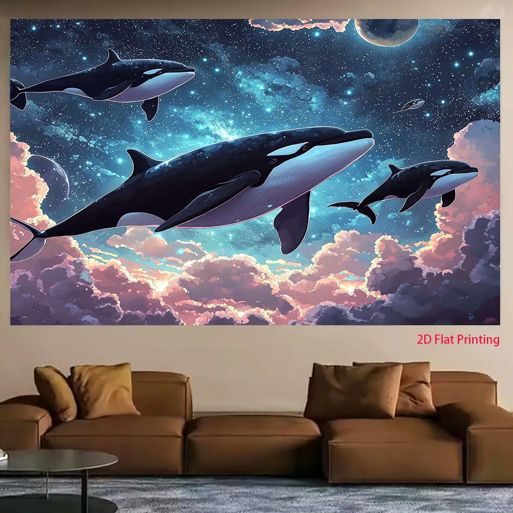 2D plane whale roaming in the starry sky background fabric suitable for party studio props home use polyester fiber